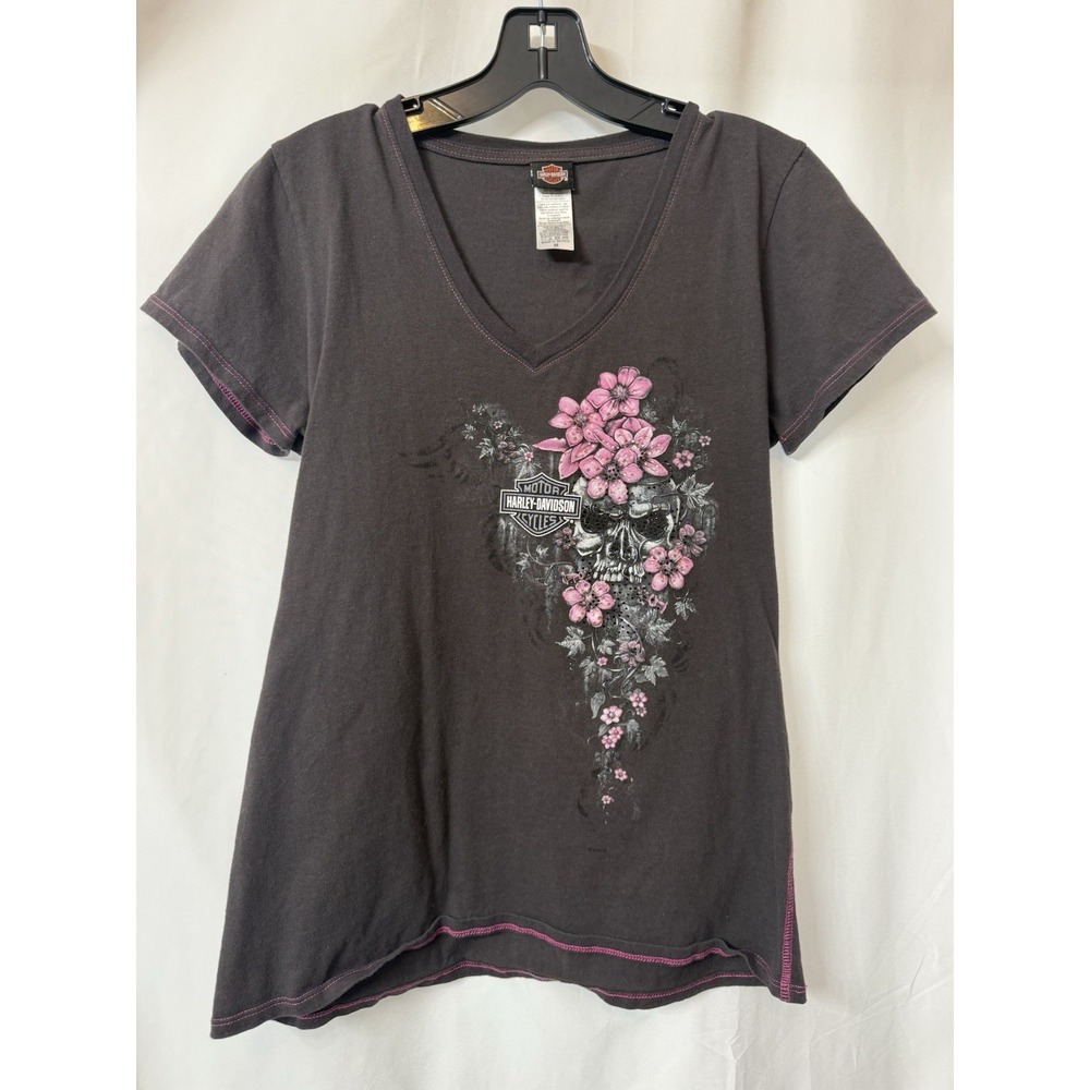 Harley Davidson Womens V Neck T Shirt Size Medium Rhinestones K37